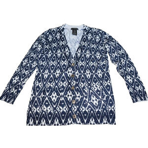 Geo Cardigan Sweater Women's MEDIUM Grace Gold Toggle Close Layer Navy White